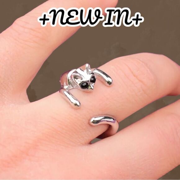 New Adjustable Vintage Alloy Plated Silver Black Onyx Rhinestone eyes Cat Ring - Picture 2 of 2
